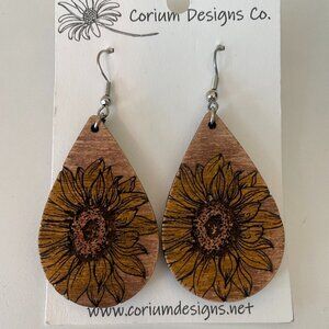 Carved Wood Dangling Flower Earrings, Unworn